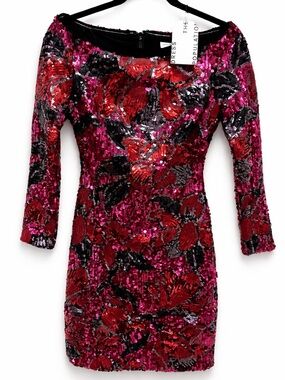 Fuchsia and Red Sequin Floral Long Sleeve Mini Dress